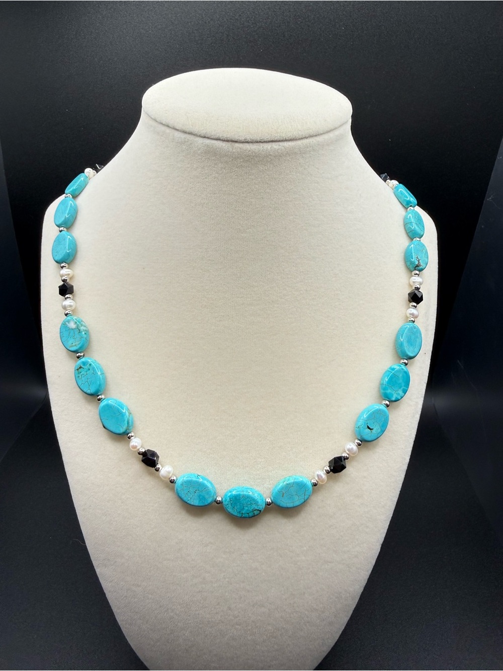 Turquoise Bead Necklace with Black Onyx and Pearl Accents